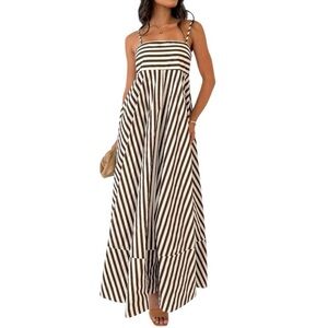 Commense Brown Ivory Striped Maxi Dress Small NWT Pockets Spring Summer